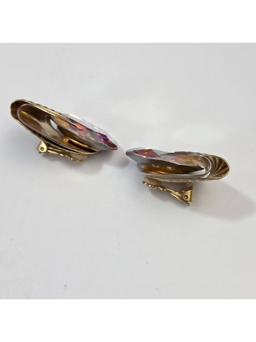 Vintage Gold Tone Clip-On Earrings with Large Aurora Borealis Oval Crystals - Picture 4 of 4